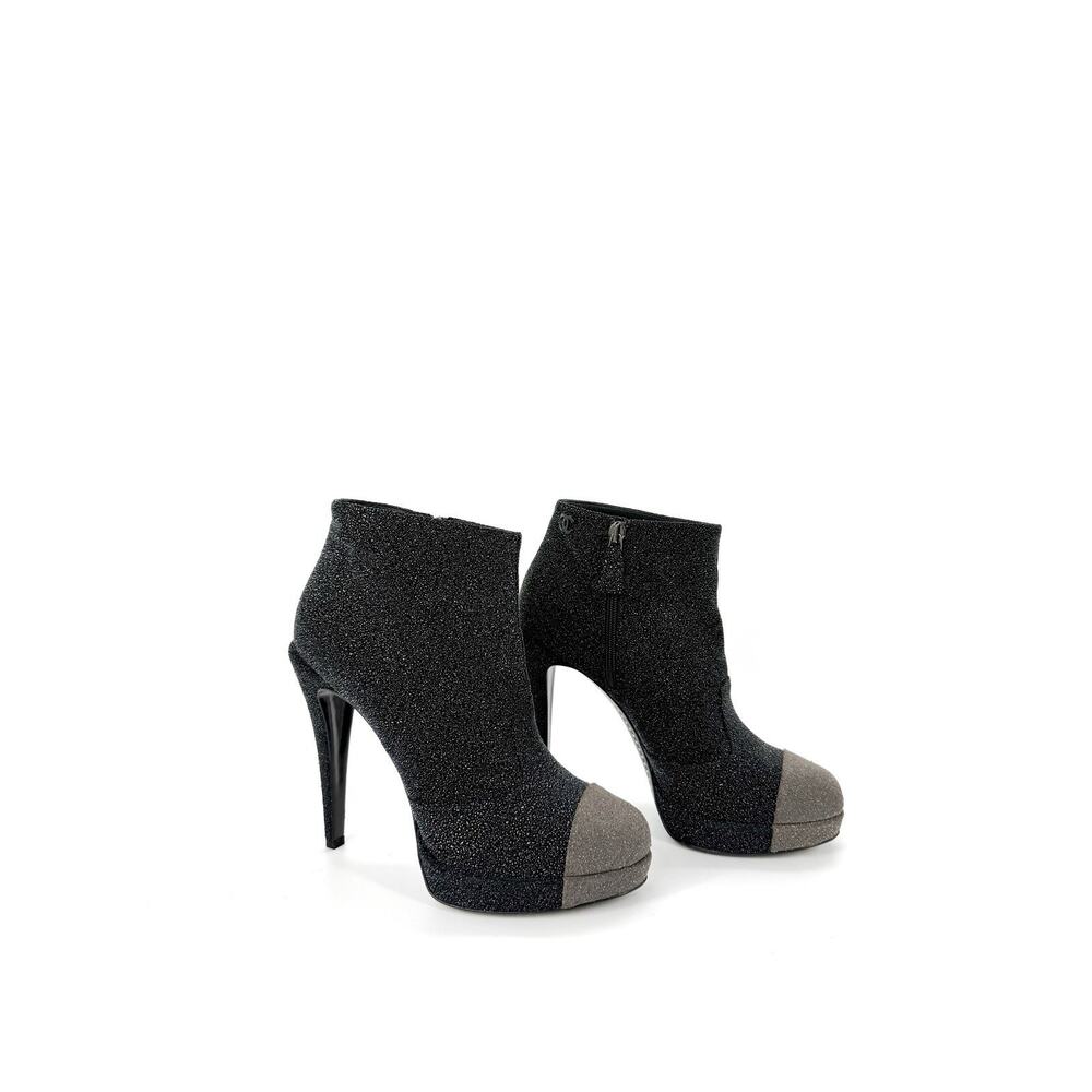 Chanel Bootie EU 40 US 10 Black Gray Leather Sparkle Platform Ankle Boots